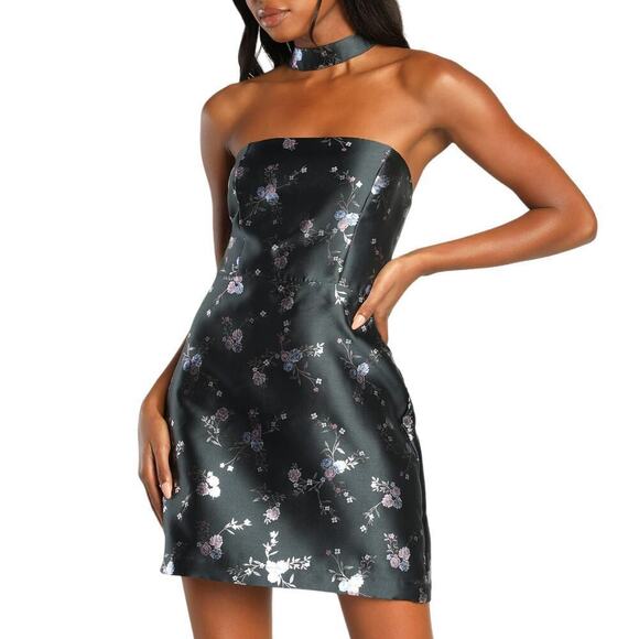 NWT LULUS Women's Got The Charm Floral Jacquard Halter Mini Dress - Picture 2 of 7